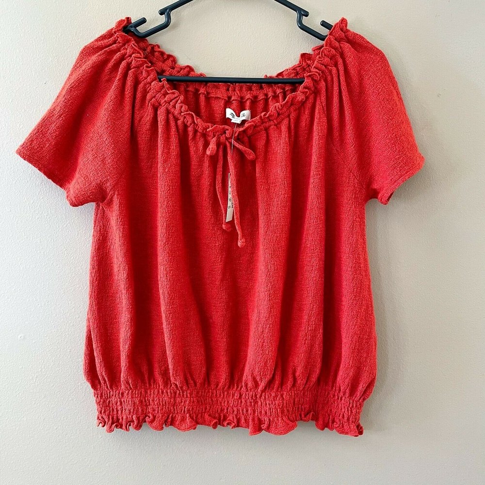 NWT Madewell Texture & Thread Drawstring Top | Orange Red Off The Shoulder
